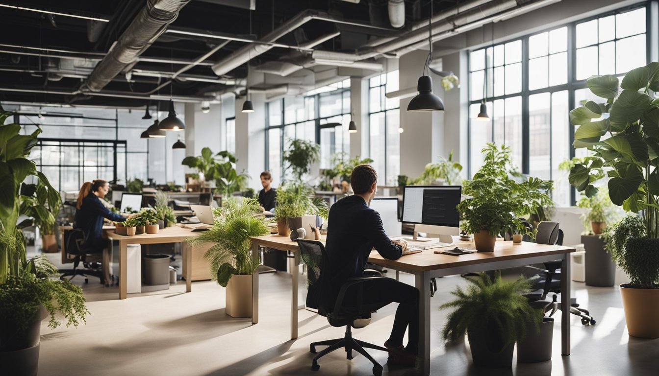 A bright, open space filled with people working at individual desks or in small groups. There are plants, natural light, and a modern, relaxed atmosphere