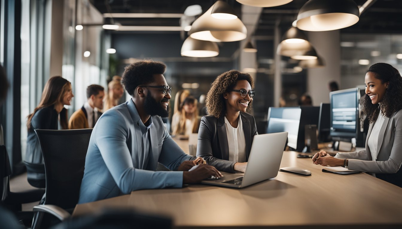 A diverse group of professionals working in a shared space with modern amenities and collaborative atmosphere