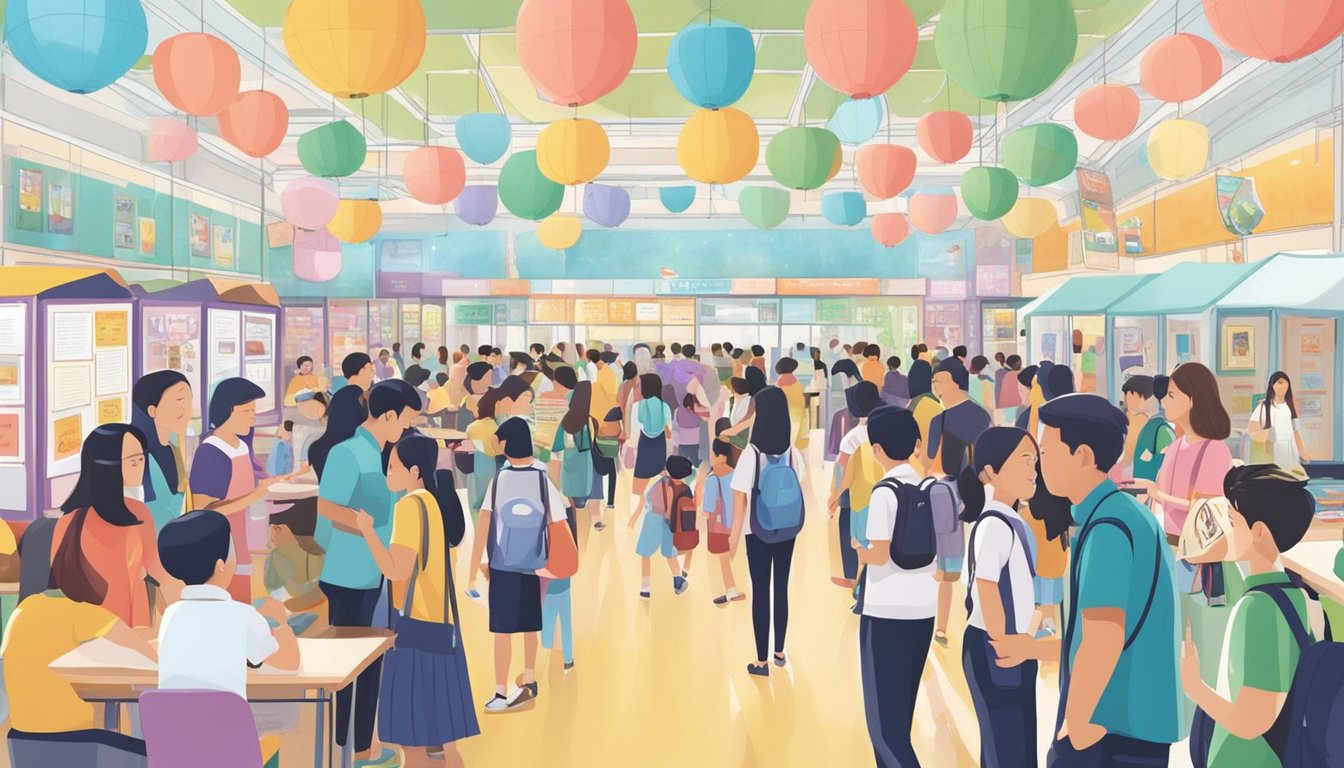 A bustling school fair with diverse booths and eager parents and students exploring options for secondary education in Singapore
