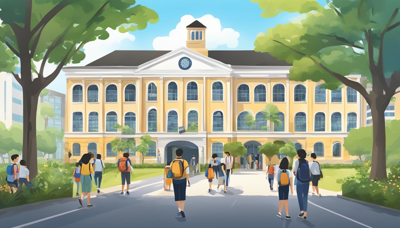 A group of students and parents exploring various secondary school options in Singapore, considering factors such as location, curriculum, facilities, and extracurricular activities