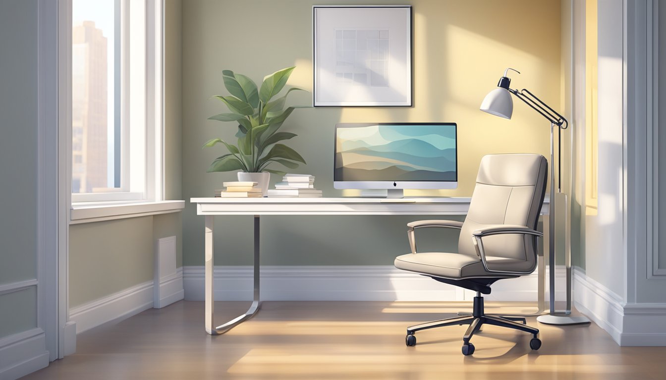 A white office chair sits in front of a clean desk, bathed in natural light from a nearby window