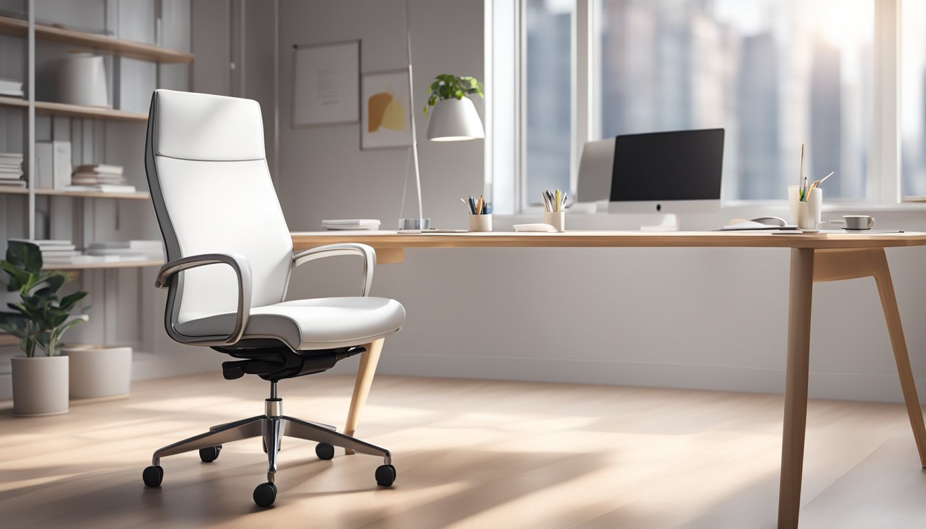 A sleek white office chair sits in a modern workspace, bathed in natural light, with a clean and minimalist design