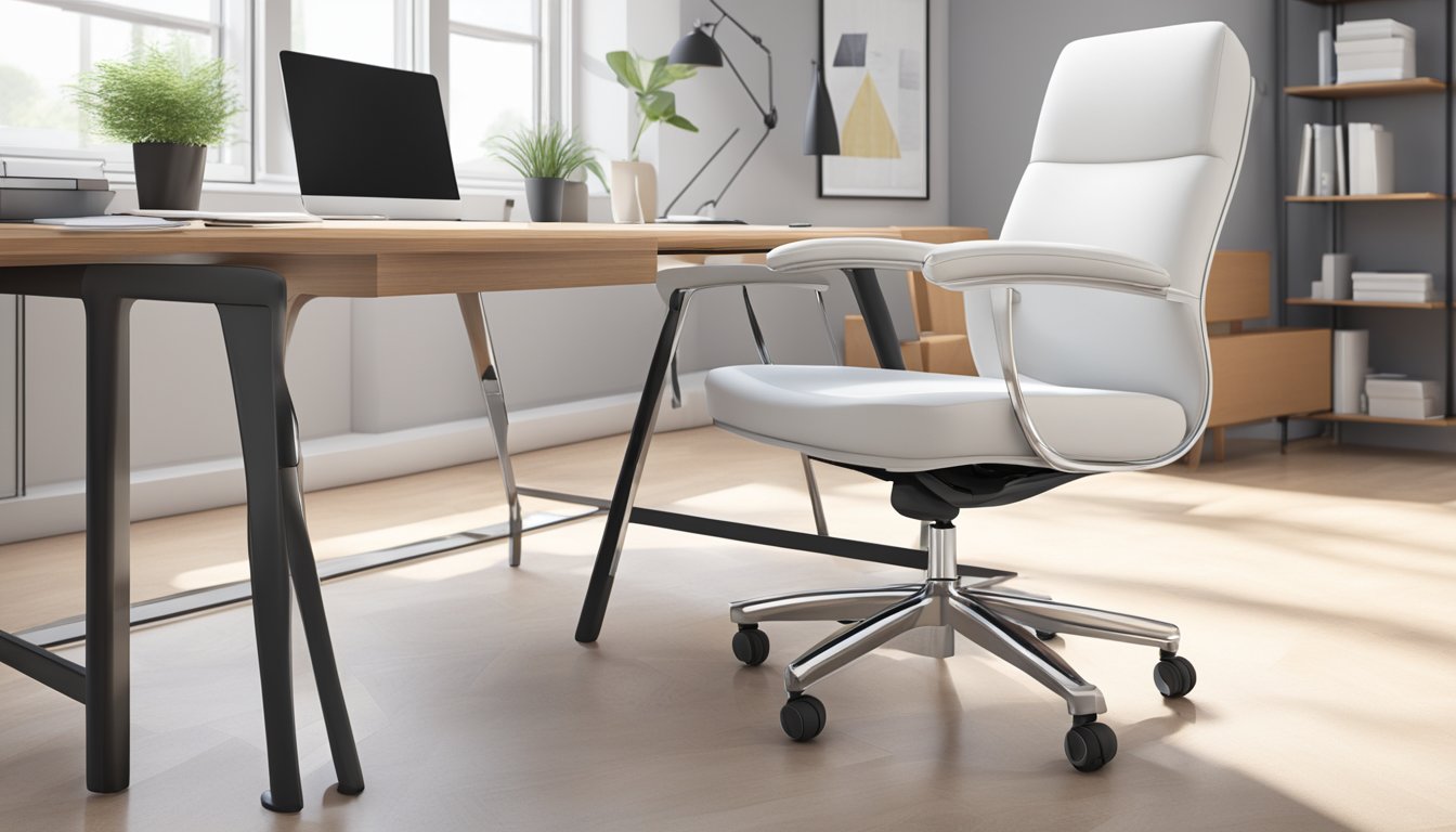 A white office chair sits in a bright, spacious room. It is ergonomic, with adjustable features for maximum comfort. The chair is placed in front of a clean, organized desk, creating a sense of productivity and focus