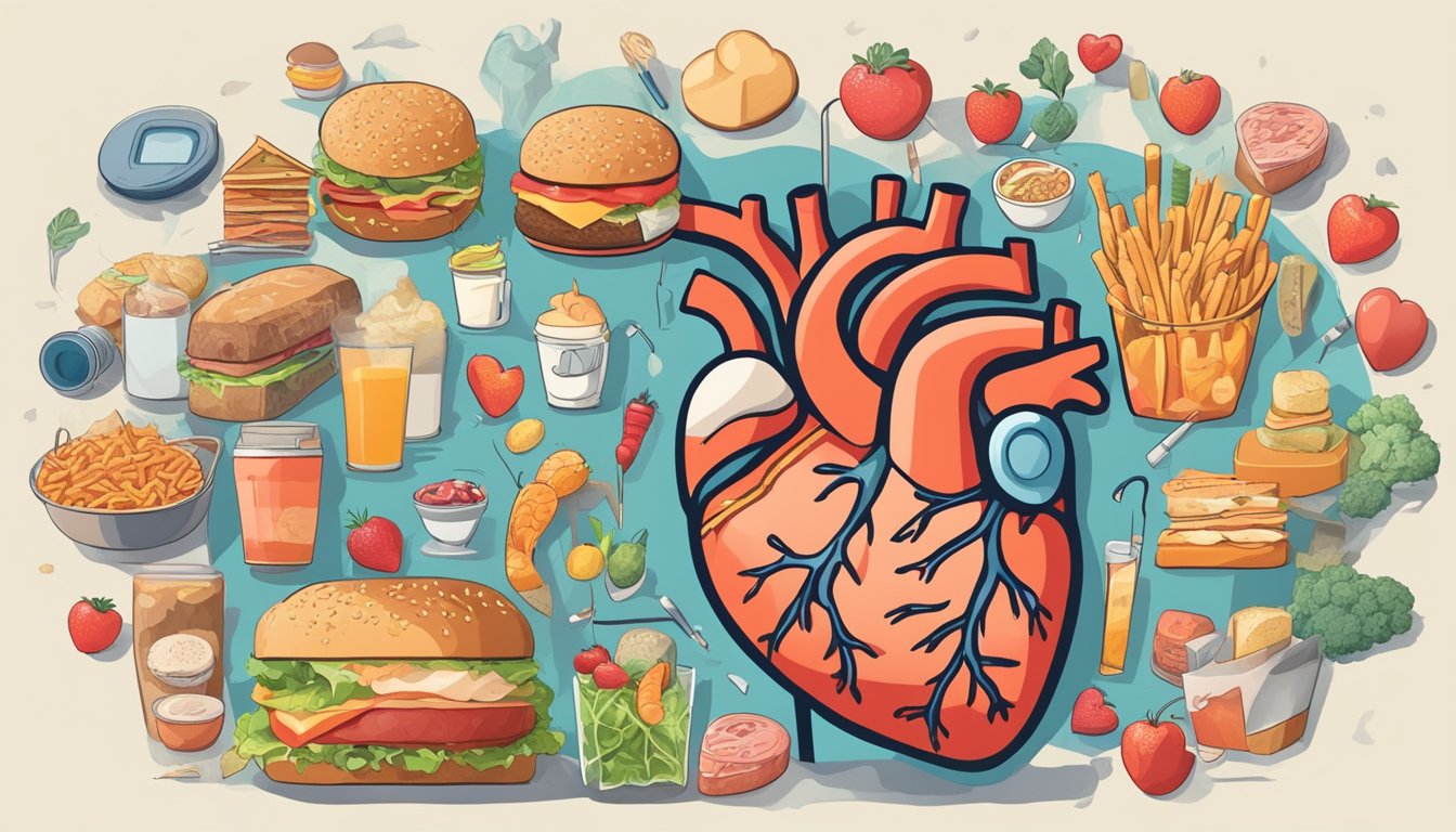 A heart with a crack down the middle, surrounded by images of unhealthy lifestyle choices like smoking, high cholesterol foods, and lack of exercise