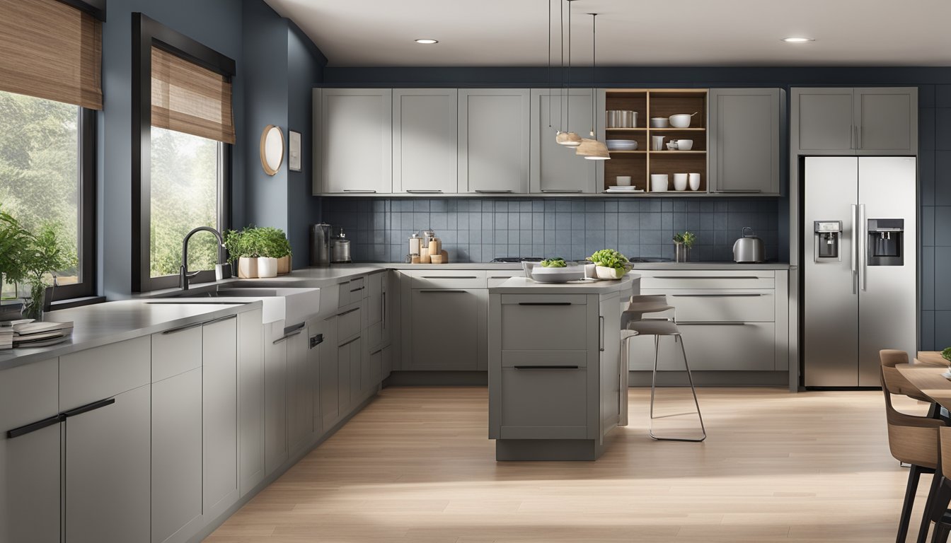 A spacious kitchen with modern, sleek cabinets in a showroom setting. Clean lines, high-quality materials, and efficient storage solutions on display