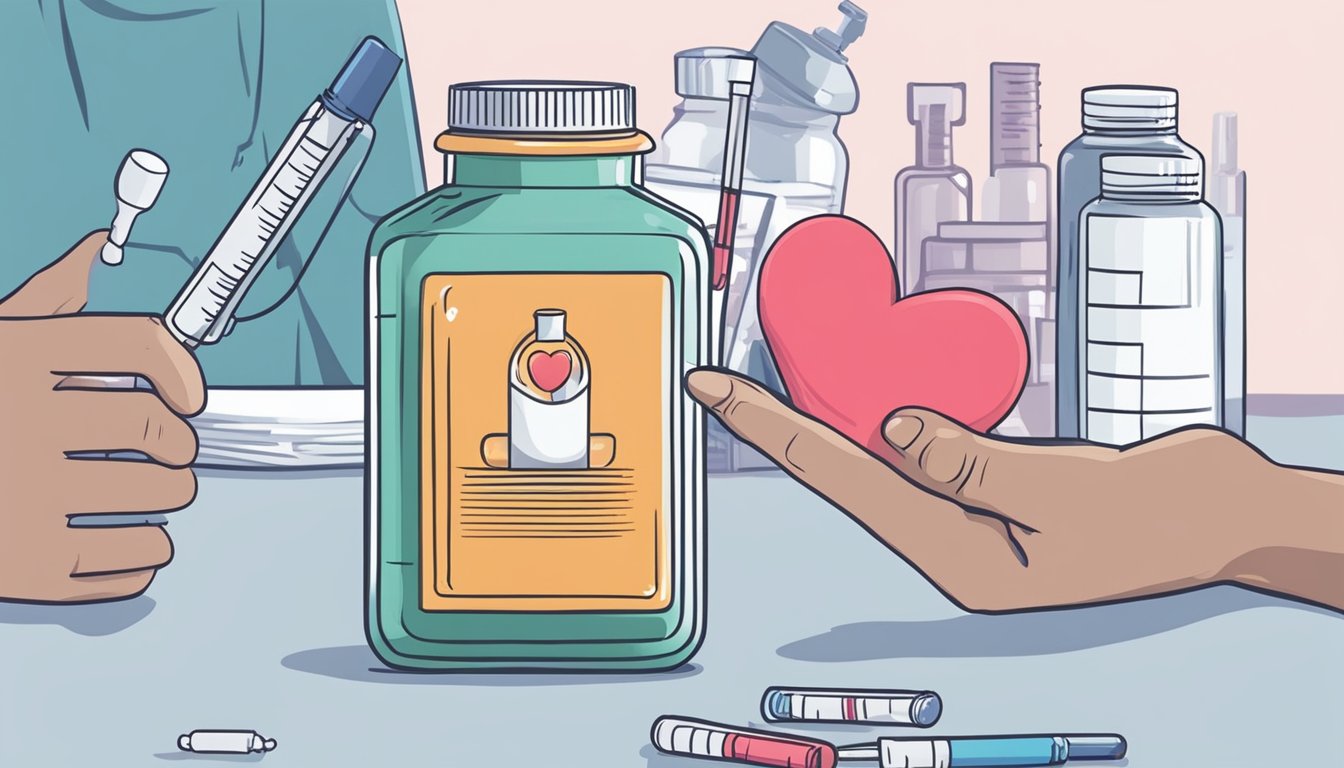 A hand holding a bottle of Diovan, with a syringe drawing up the medication. A heart shape in the background symbolizes heart failure