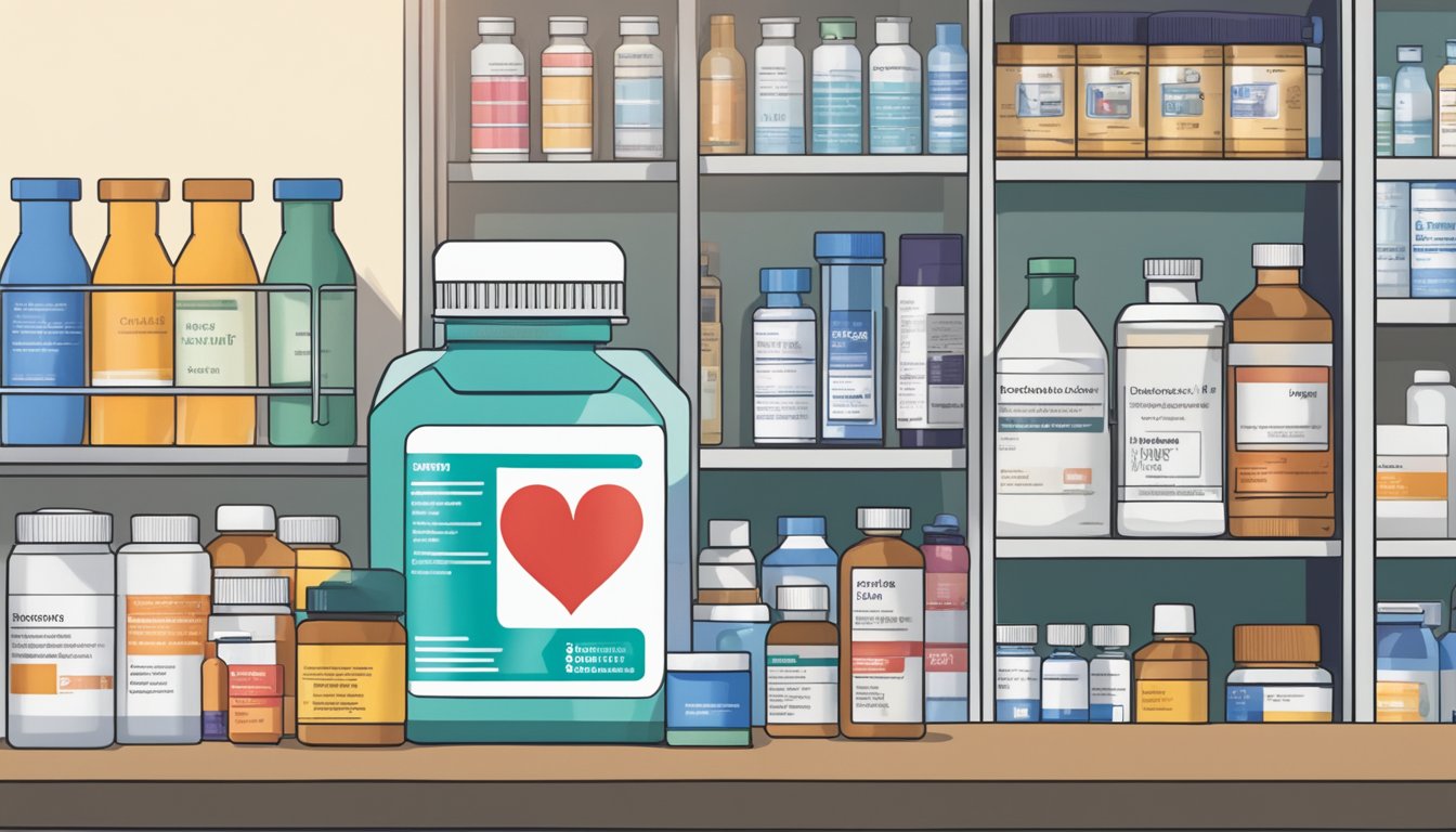 A bottle of Diovan sits on a pharmacy shelf, surrounded by other medications. A warning label highlights the importance of considering potential drug interactions for patients with heart failure