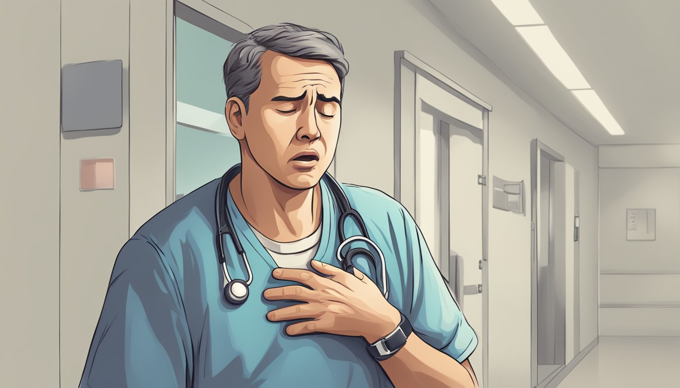 A person clutching their chest in pain, with a worried expression, seeking help at an emergency care facility