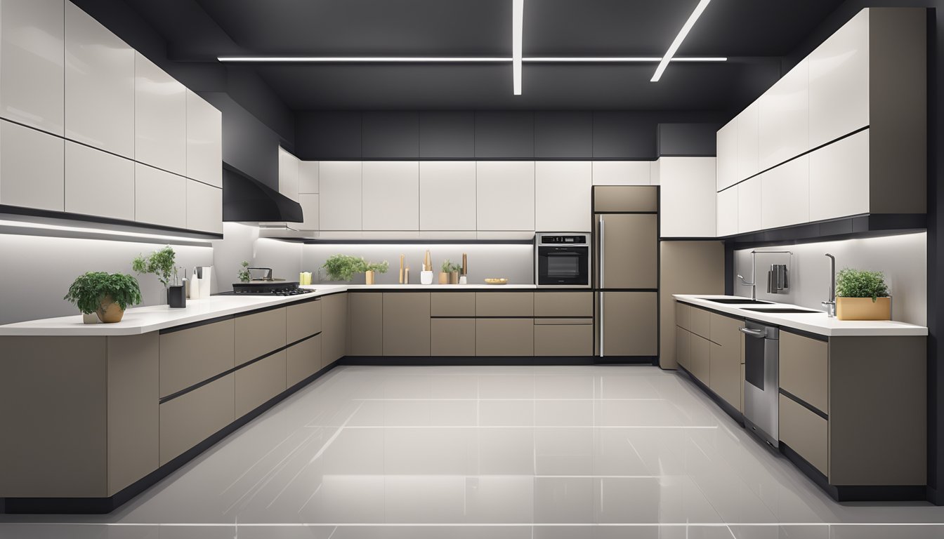 A well-lit showroom with sleek, modern kitchen cabinets on display. Clean lines and minimalist design create a polished, professional atmosphere