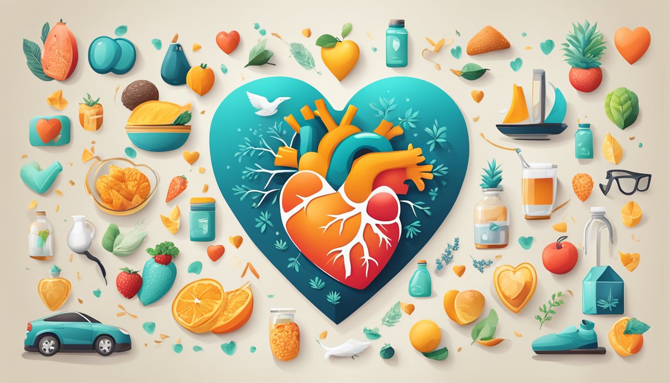 A heart with a warning sign surrounded by healthy lifestyle symbols