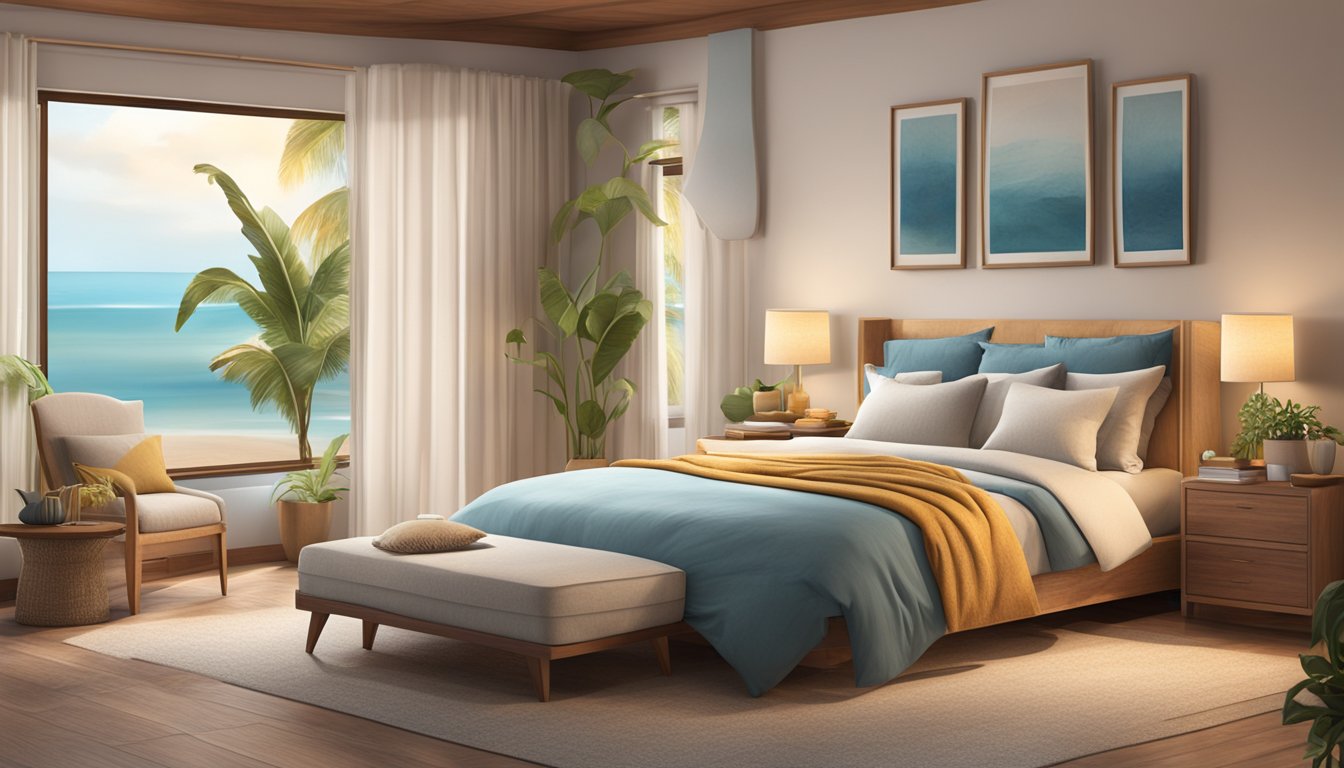 A cozy bedroom with a Seahorse mattress as the focal point, surrounded by soft pillows and a warm, inviting atmosphere