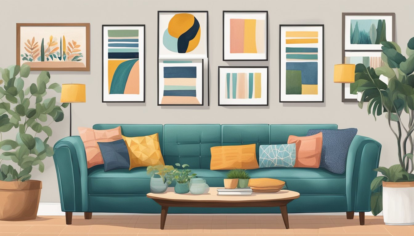 A cozy living room with a gallery wall of colorful artwork prints hung in a grid pattern above a modern sofa and a vintage rug