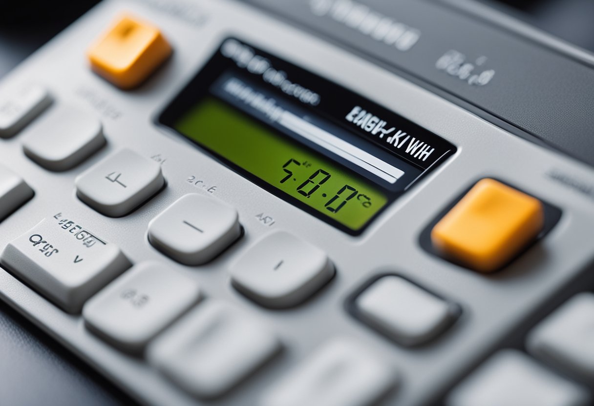 A kWh calculator sits on a desk, with a digital display showing the calculation of energy usage. A plug is connected to the device, indicating its function in measuring electricity consumption