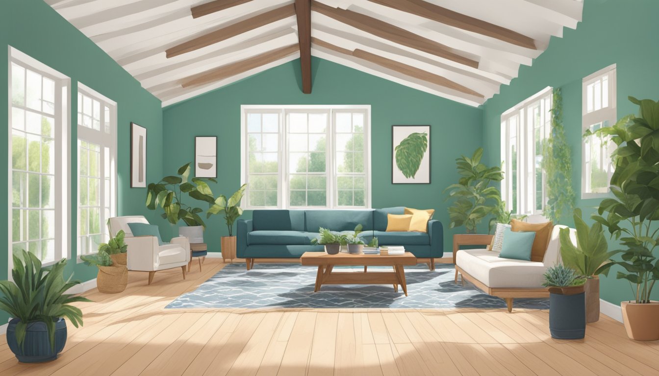 A room with exposed beams, fresh paint, and new flooring. Furniture is being rearranged, and plants are being added to the space