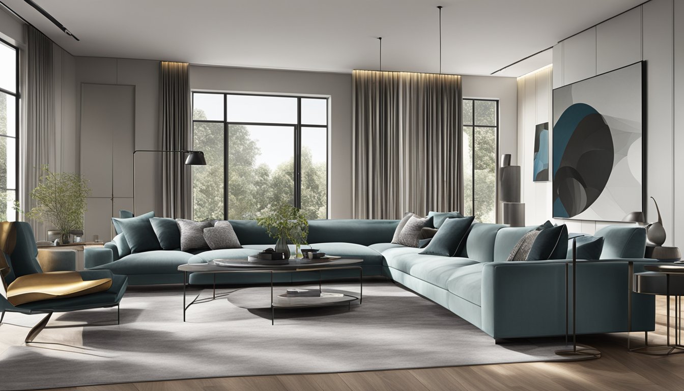 A modern living room with Baxter furniture, featuring sleek lines and luxurious materials