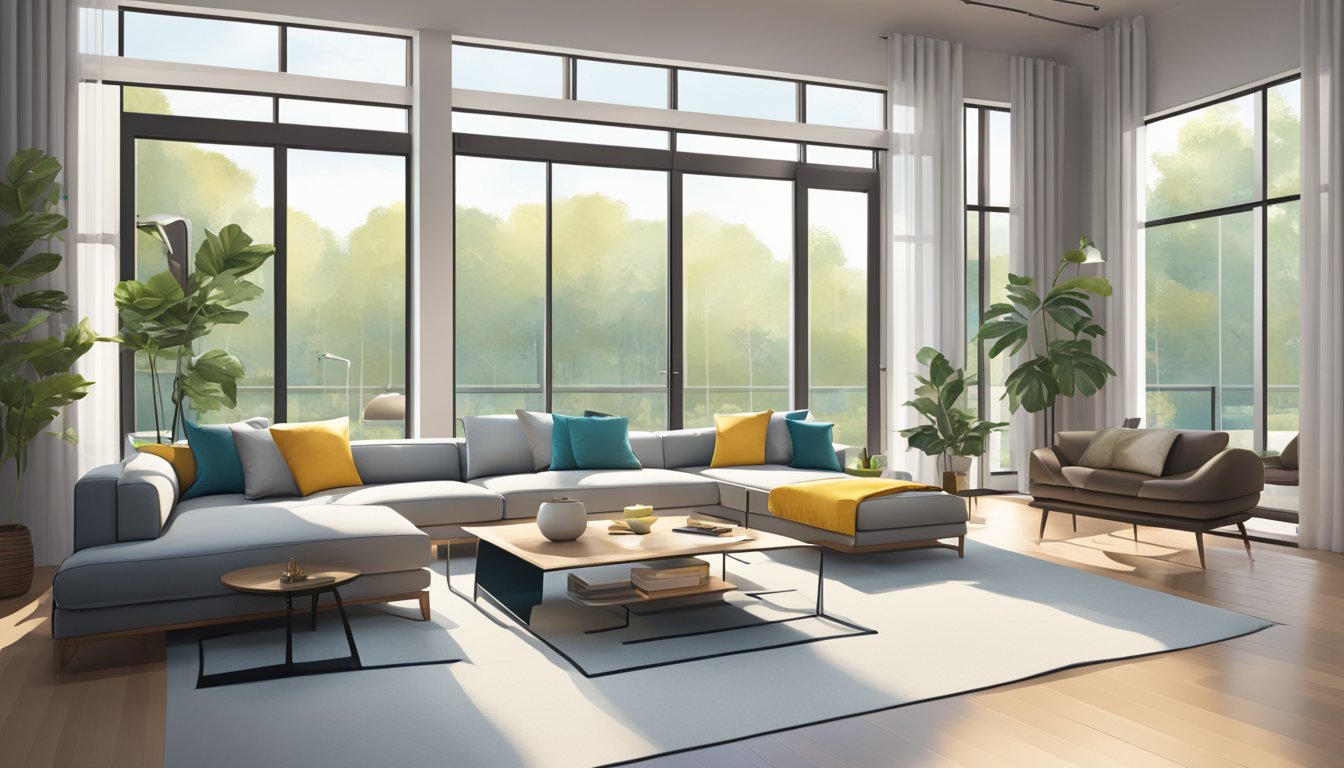 A bright, modern living room with open floor plan and sleek, minimalist furniture. Large windows fill the space with natural light, highlighting the clean lines and innovative design elements