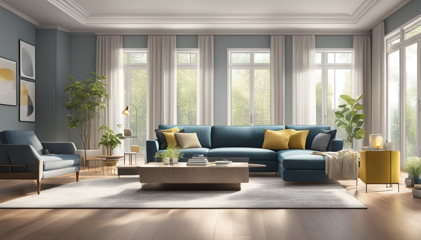 A spacious living room with modern Baxter furniture arranged in a harmonious and inviting layout, with natural light streaming in through large windows