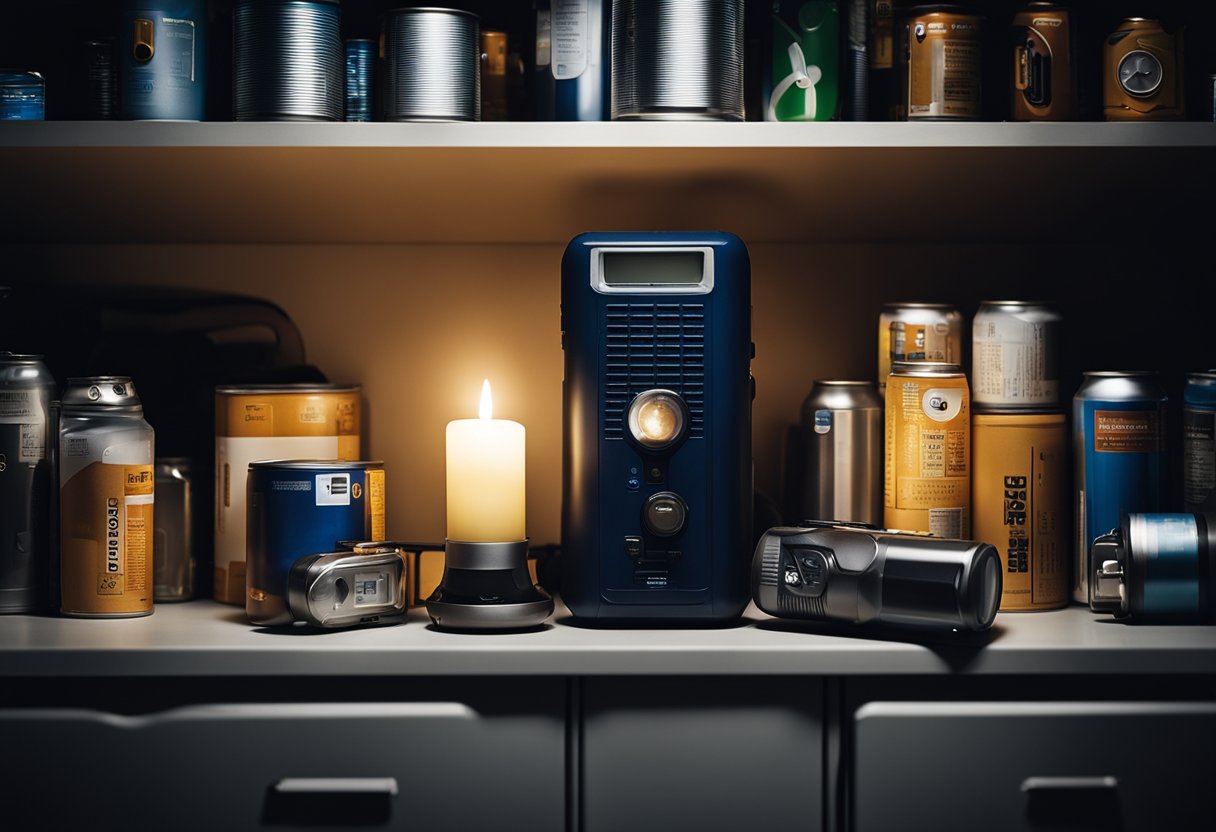 A dark room with a flickering candle, a flashlight, and a battery-powered radio. The room is filled with various emergency supplies such as canned food, water bottles, and a first aid kit