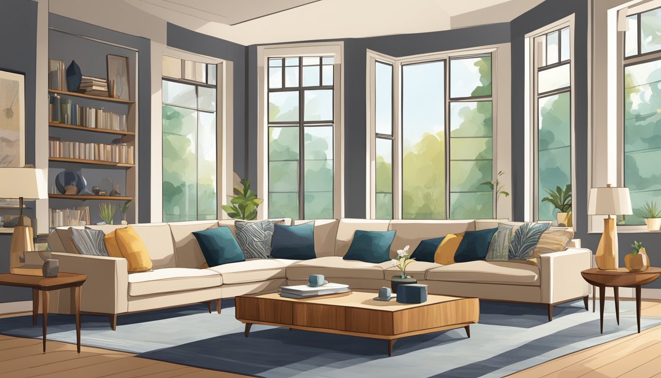 Three couches arranged in a spacious living room. The room is well-lit with natural light streaming in from large windows, creating a warm and inviting atmosphere