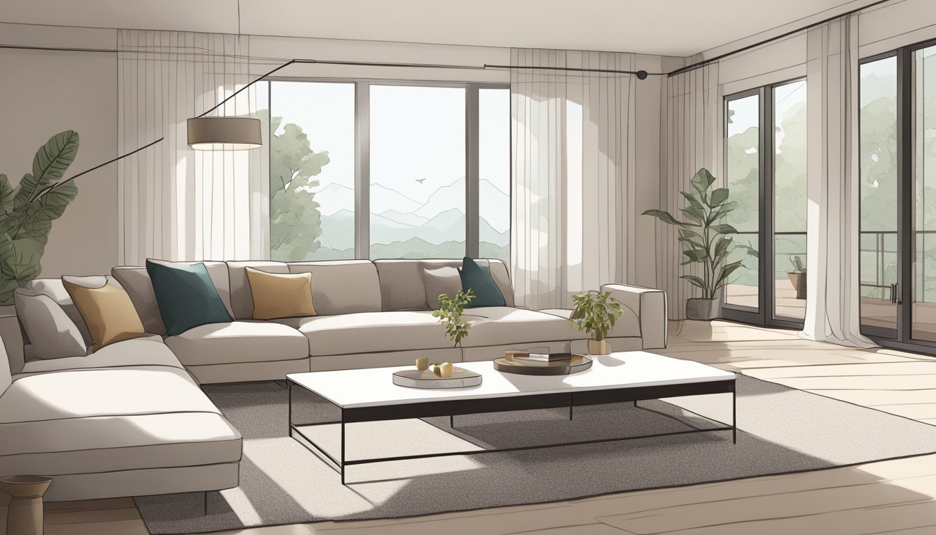 A modern living room with a large window, minimalist furniture, and a neutral color palette. The space is well-lit and inviting, with clean lines and a sense of openness