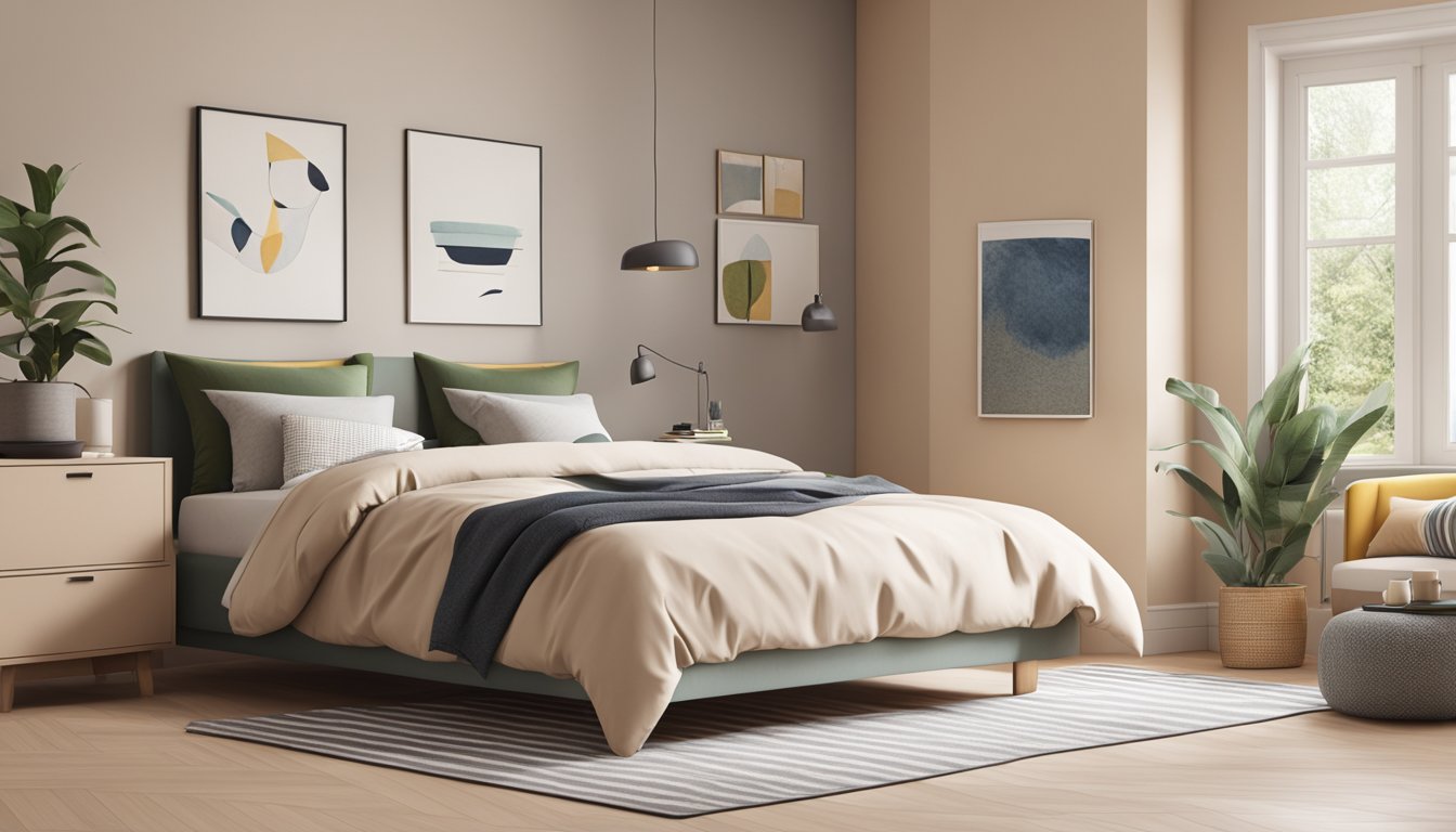 A double bed with a single bed stacked on top, positioned in a room with neutral colored walls and minimalistic decor