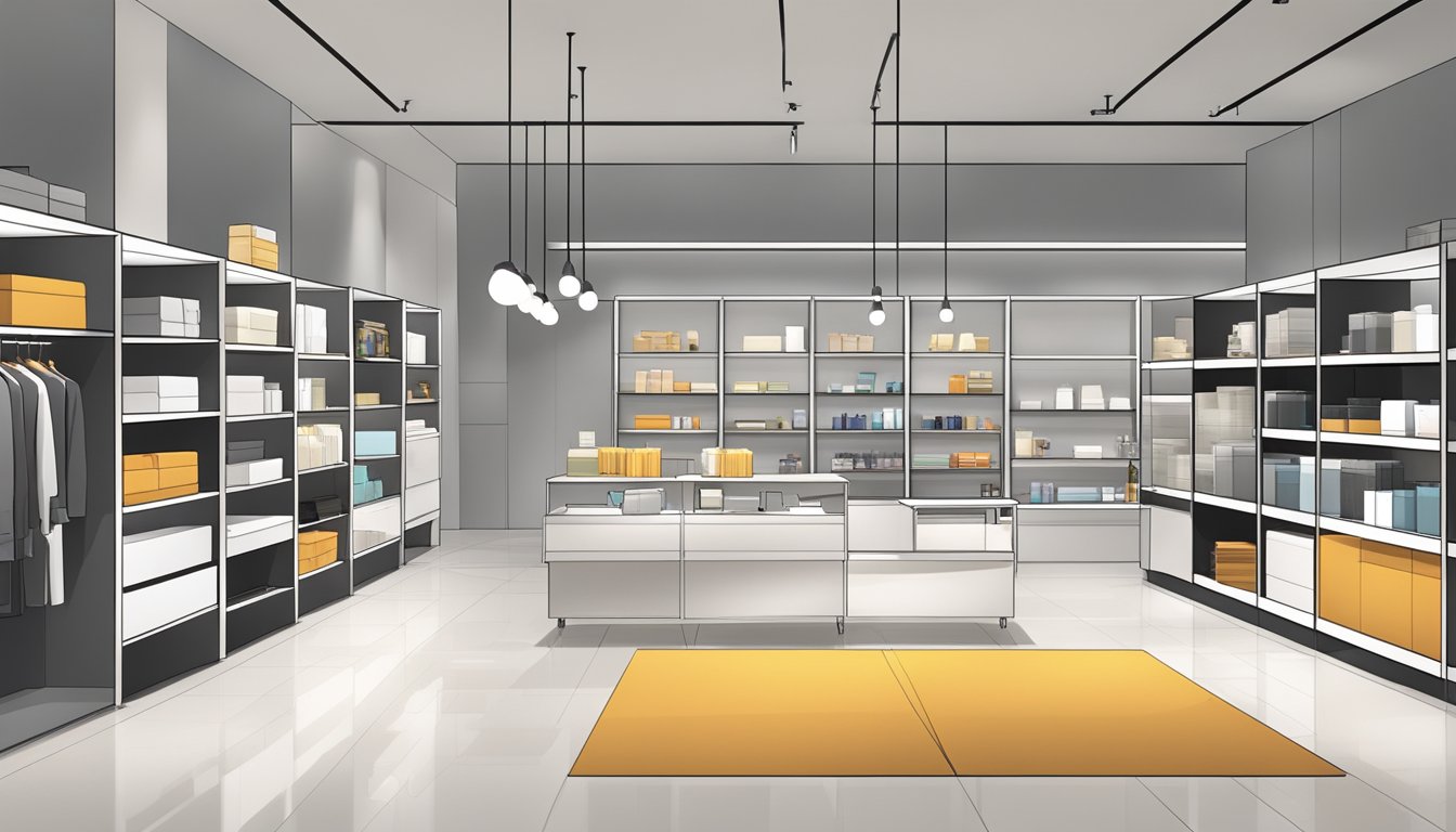 A sleek, modern showroom with clean lines and minimalist decor. Various products are artfully arranged on shelves and display tables, with strategic lighting highlighting their features