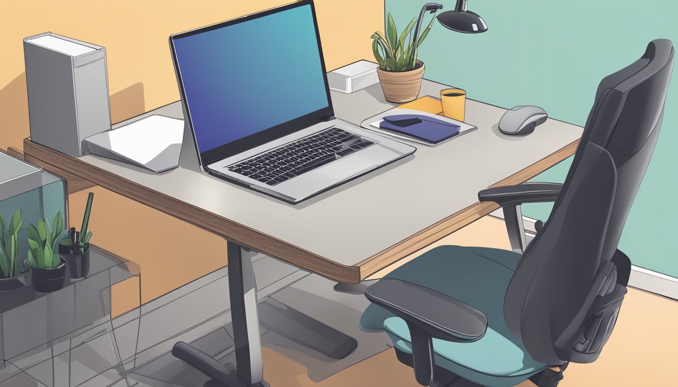 A computer desk with an open laptop, a comfortable ergonomic office chair, and a mouse pad. A hand reaches for the chair in the background