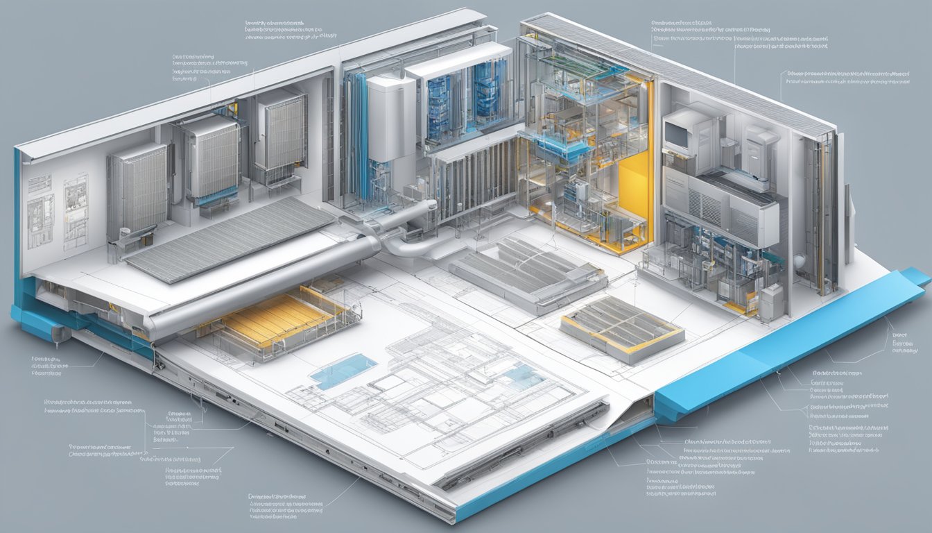 An open book displaying Daikin System 1 features, surrounded by technical drawings and diagrams