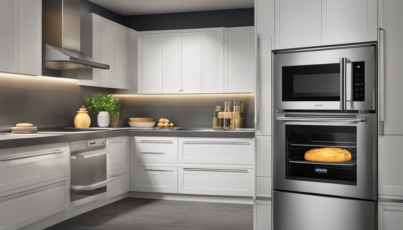 A modern, sleek built-in oven with a glass door, stainless steel finish, and digital display, emitting a warm glow from its interior while baking