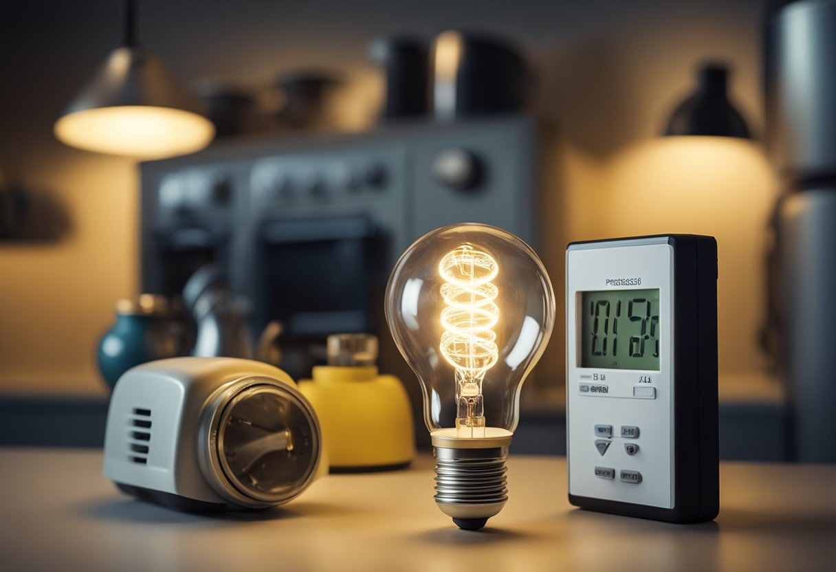 A lightbulb illuminates a room, surrounded by energy-saving appliances. A meter measures electricity usage, while a person reads a pamphlet on saving energy