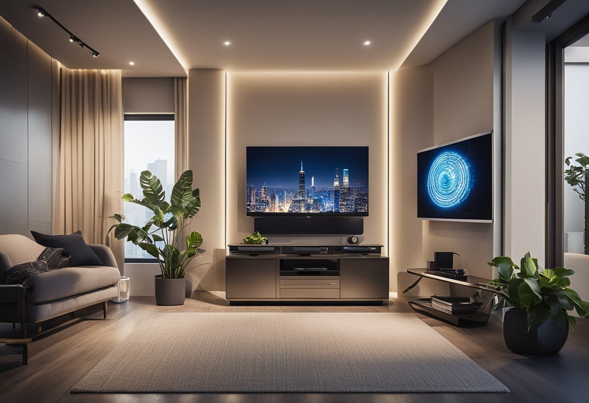 A room with energy-efficient appliances, LED lighting, and smart power strips to reduce electricity usage