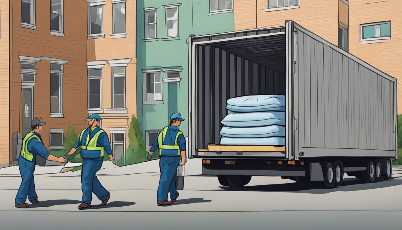 A mattress being carried to a dumpster by two workers