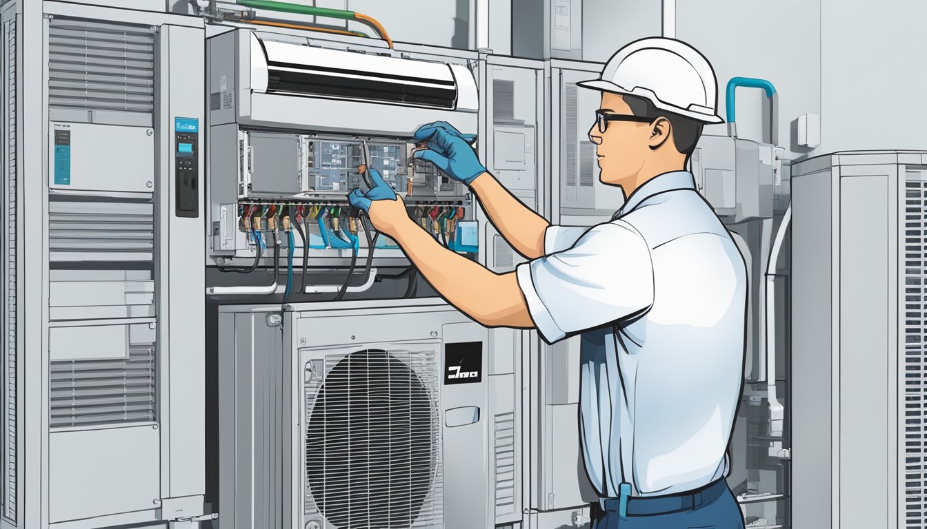 A technician installs and maintains a Daikin system 1, connecting wires and checking components for proper function