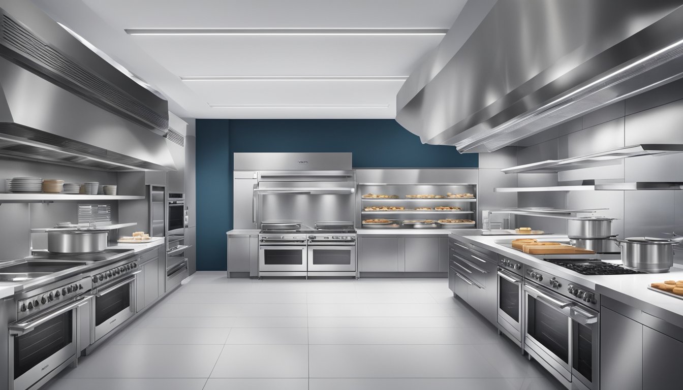 A baker carefully examines various built-in ovens, comparing features and sizes. The bright showroom is filled with sleek stainless steel appliances, showcasing the latest in baking technology