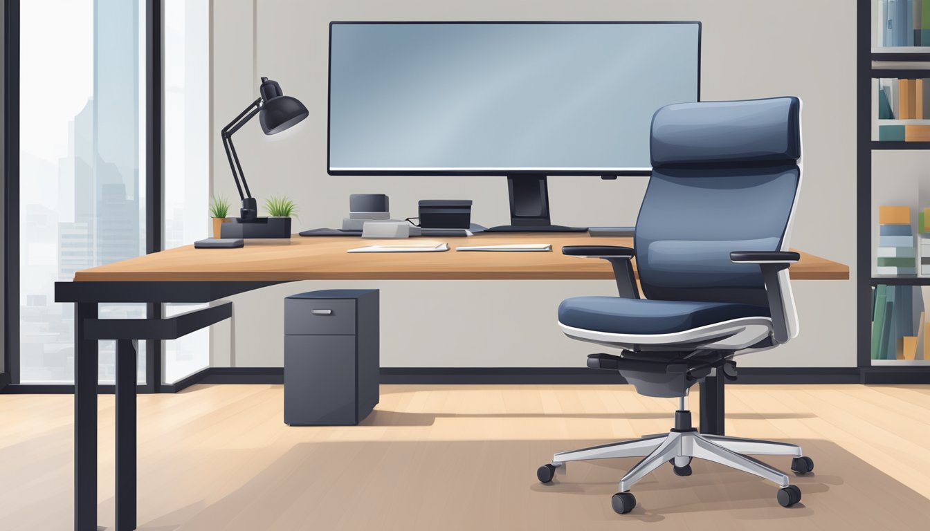 A modern office desk with a sleek ergonomic chair, adjustable armrests, lumbar support, and a computer monitor on the desk