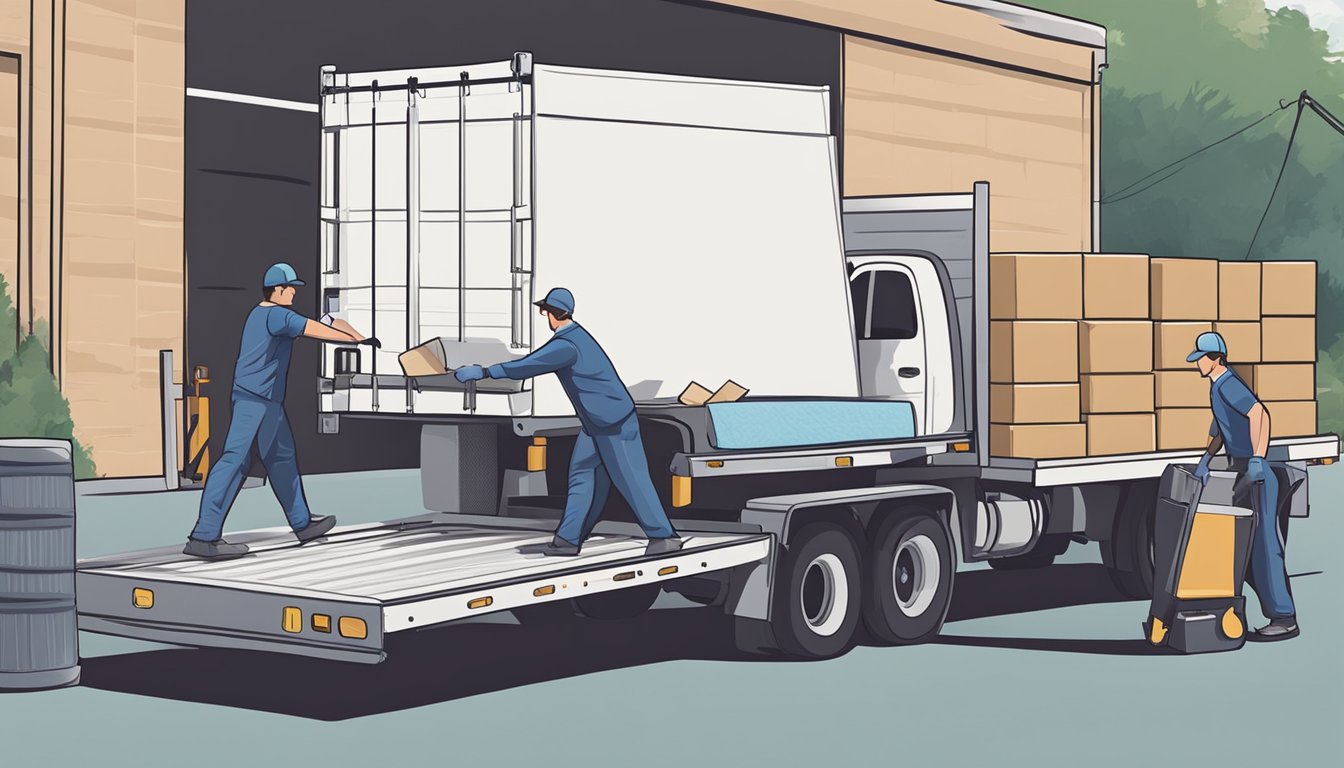 A mattress and box spring are being loaded onto a truck by two workers. The workers are wearing gloves and using a dolly to transport the items