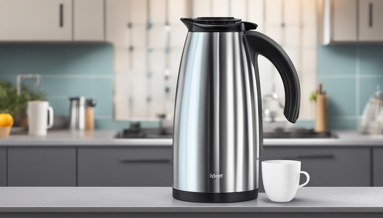 A sleek, stainless steel hot water airpot sits on a countertop, steam rising from the spout as it dispenses hot water into a waiting cup
