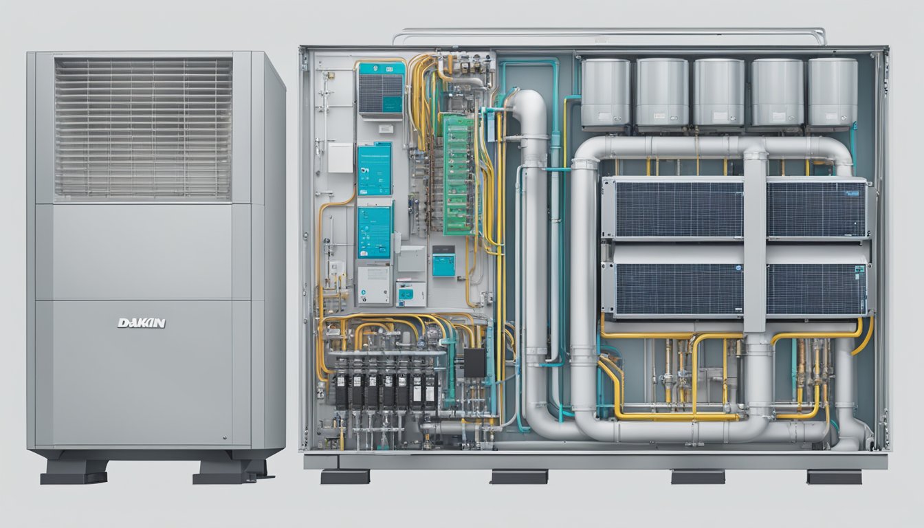 A Daikin System 1 unit surrounded by question marks and a list of FAQs displayed on a screen