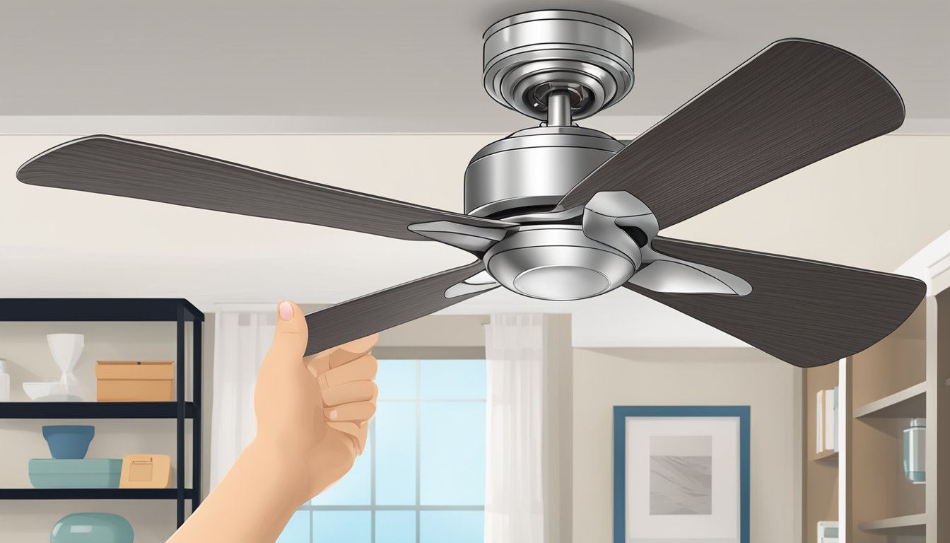 A hand reaches up, selecting a 32 inch ceiling fan from a shelf. The fan is sleek and modern, with three blades and a brushed nickel finish
