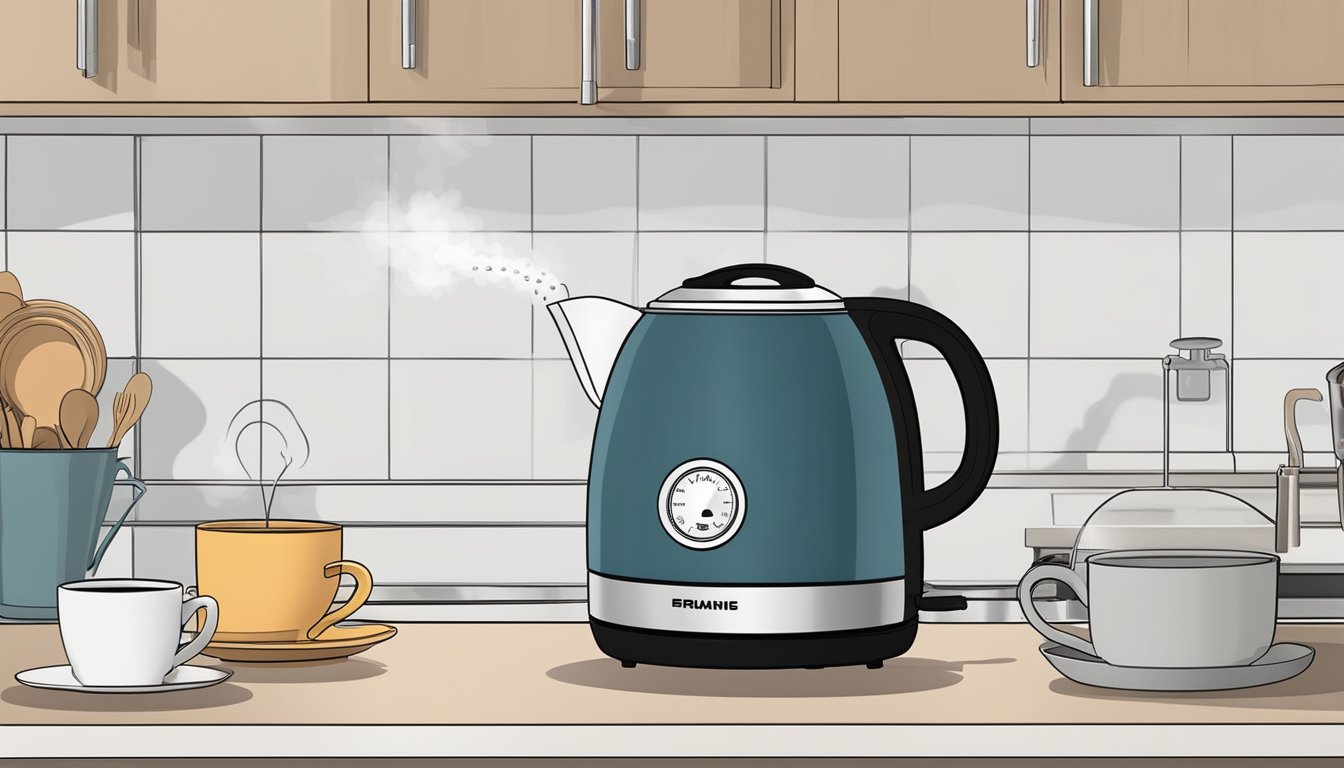 A hot water airpot sits on a kitchen countertop, steam rising from its spout as it dispenses hot water into a waiting mug