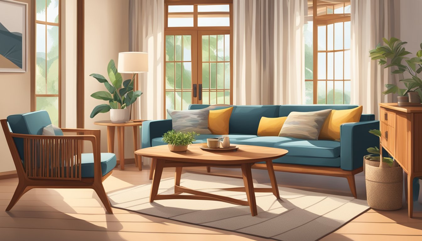 A cozy living room with teak wood furniture, including a coffee table, sideboard, and armchair, bathed in warm natural light from a nearby window