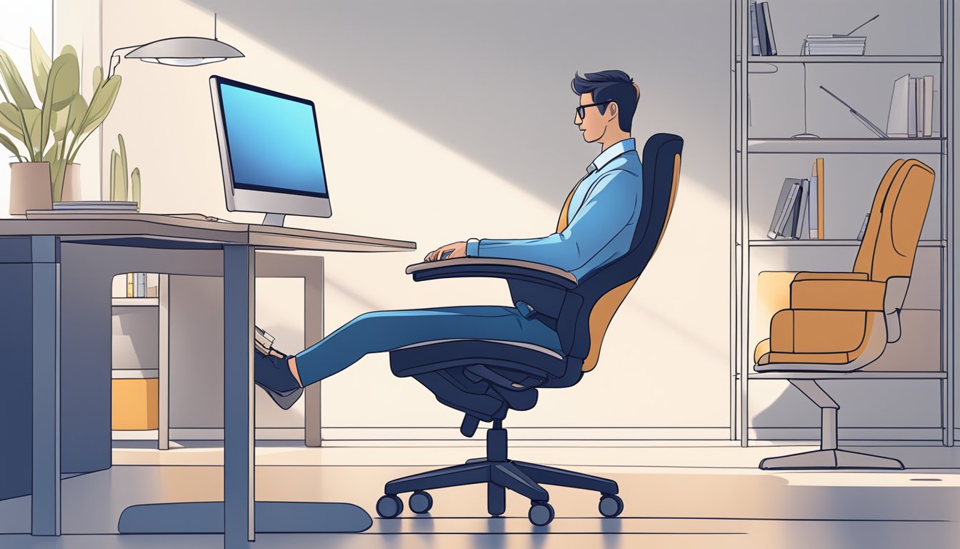 An office worker sits comfortably in a supportive ergonomic chair, adjusting the lumbar support and armrests. The chair's sleek design and adjustable features are highlighted