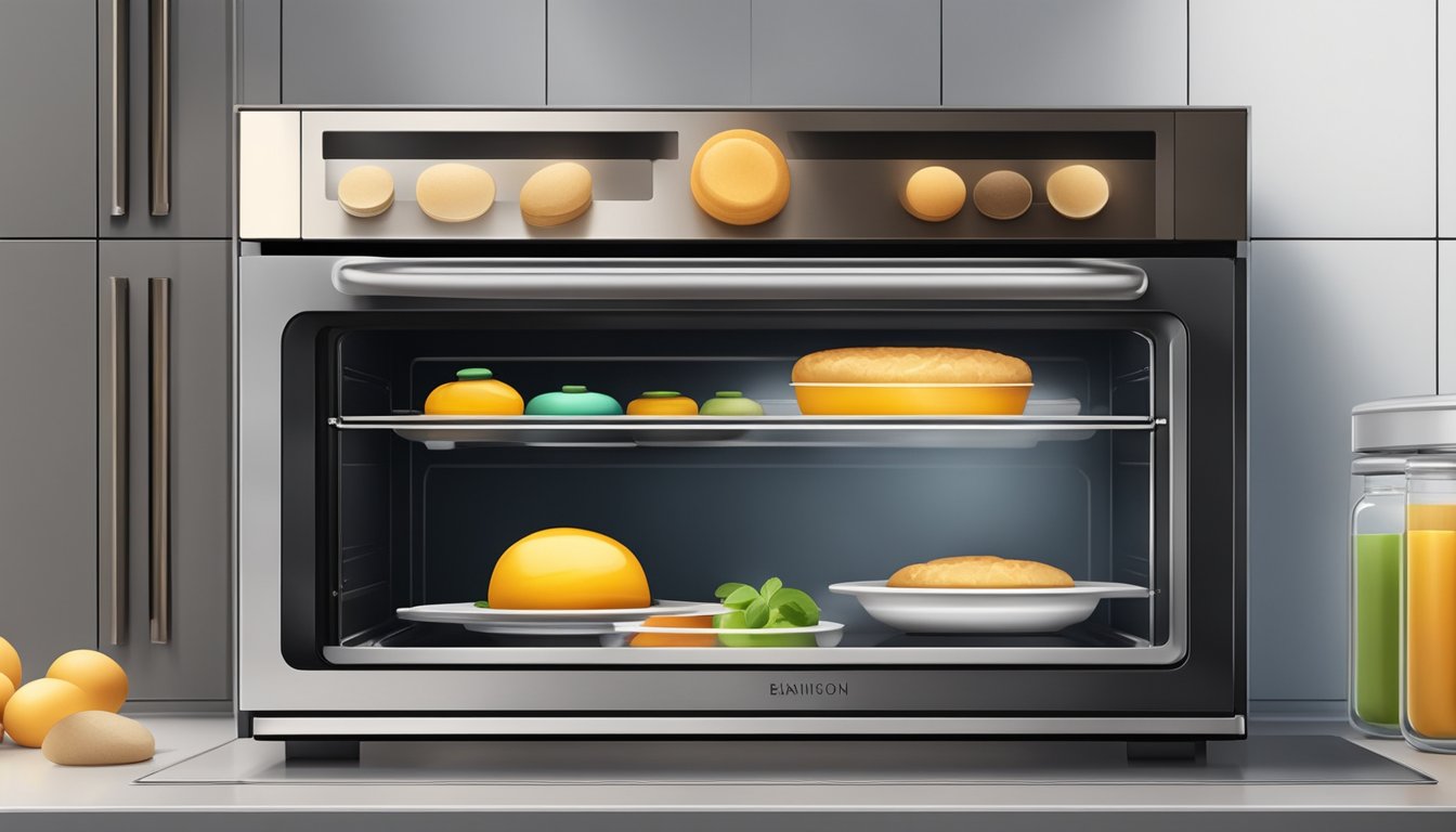 A modern, sleek built-in oven with a glass door, emitting a warm glow, surrounded by a variety of baking ingredients and utensils