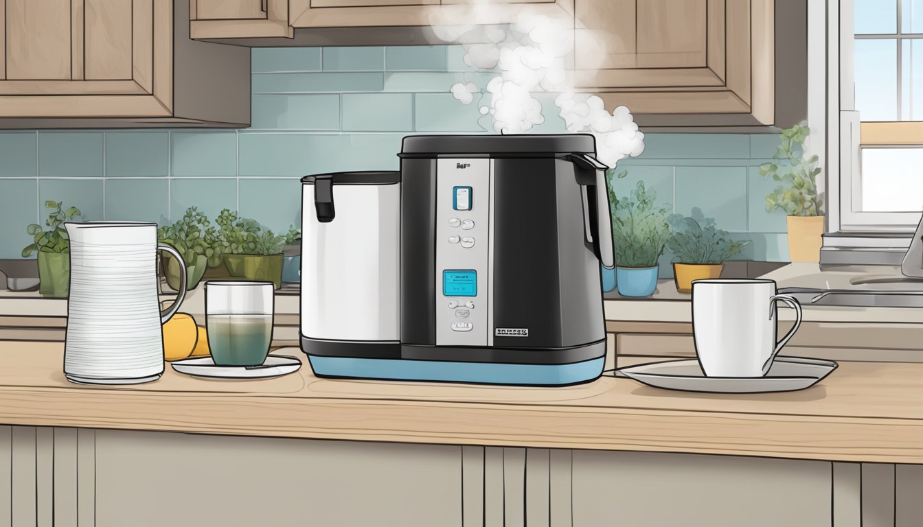A hot water airpot sits on a kitchen countertop, steam rising from its spout as it dispenses water. A stack of cups and a "Frequently Asked Questions" pamphlet sit nearby