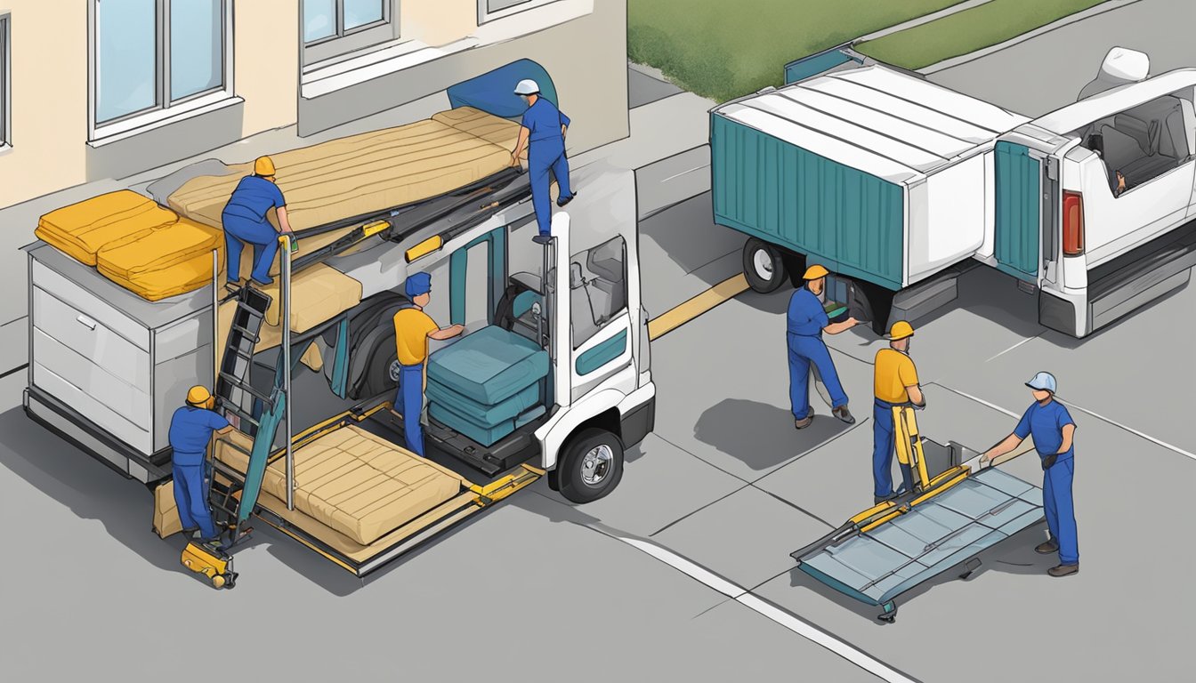 A mattress being loaded onto a truck by two workers, while a third worker disassembles a bed frame with tools