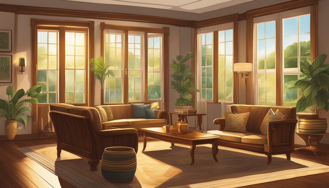 A room filled with teak wood furniture, showcasing rich, golden-brown hues and intricate grain patterns. The sunlight filters through the windows, casting warm, inviting shadows on the polished surfaces