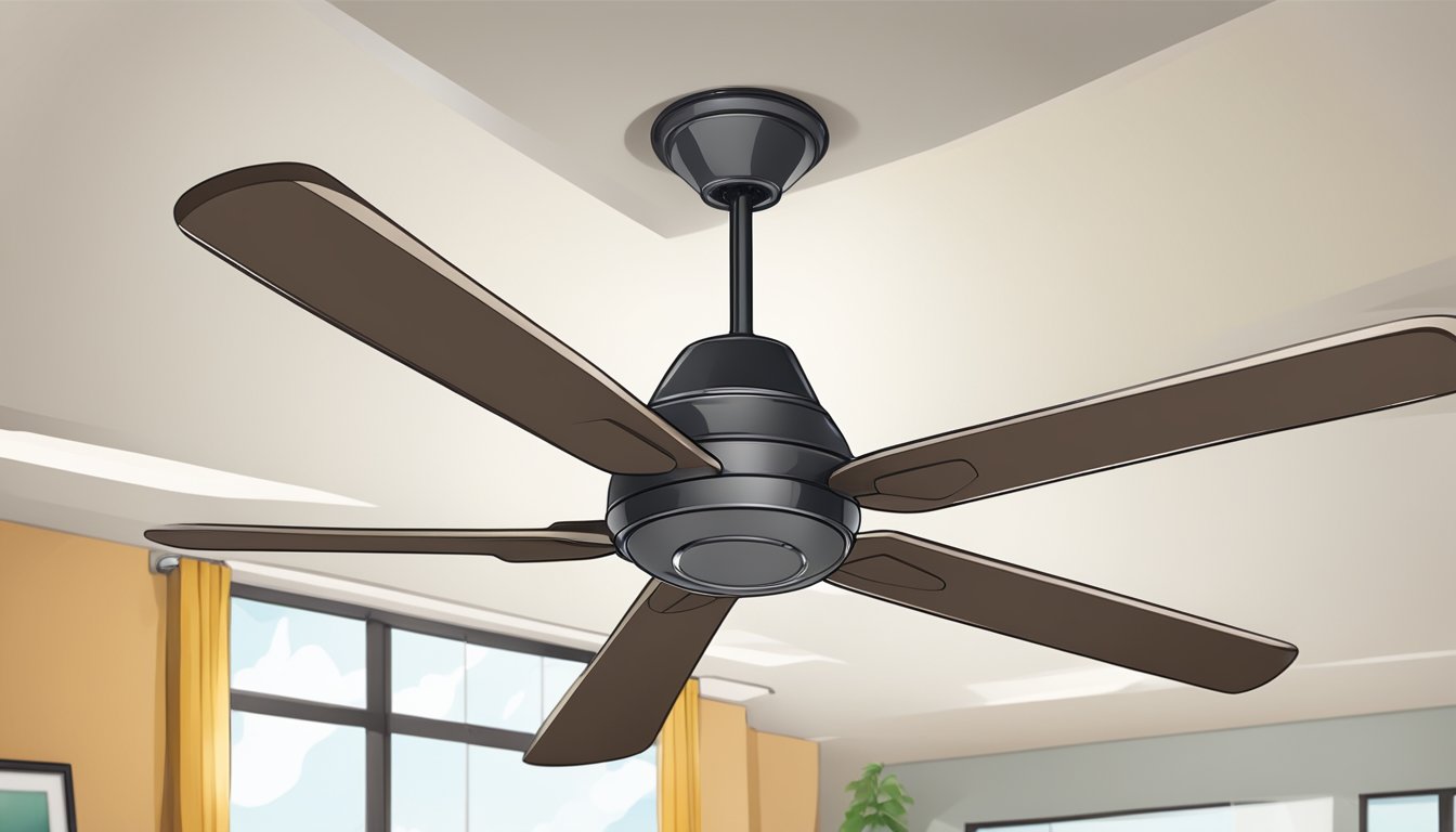 A 32-inch ceiling fan spinning above a room with a high ceiling, surrounded by frequently asked questions about its installation and usage