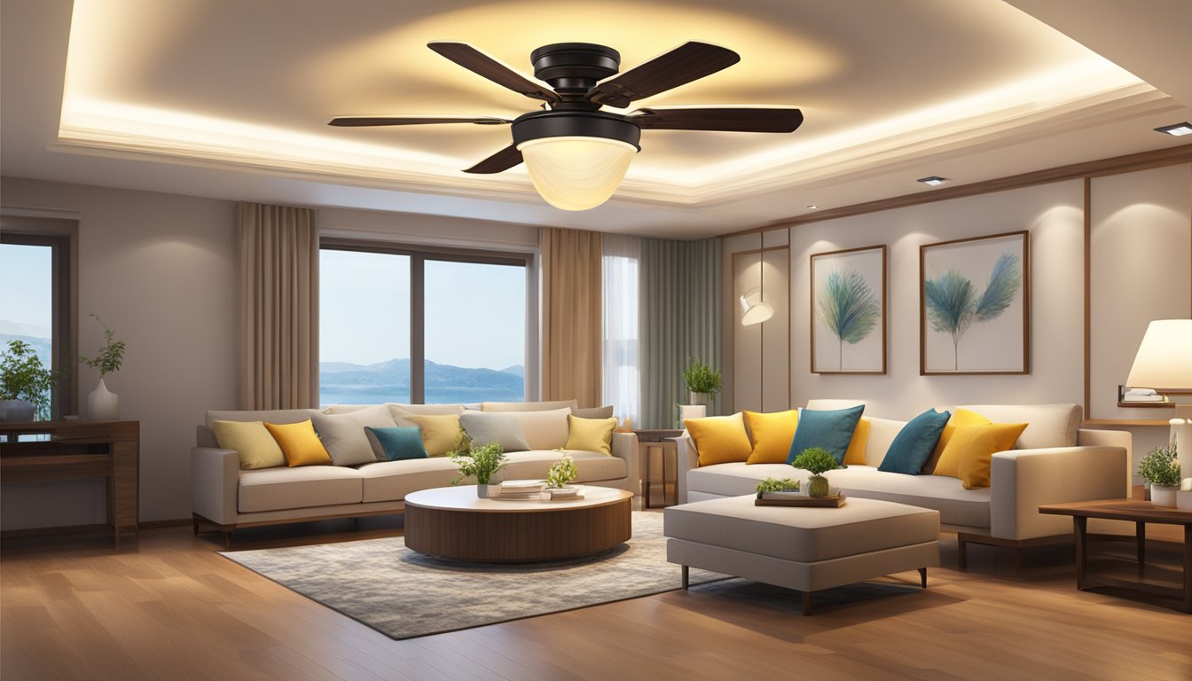 The living room ceiling lights with fan are illuminating the room, casting a warm glow and creating a gentle breeze