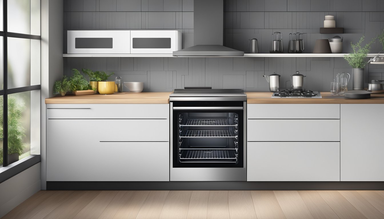 A modern, sleek built-in oven with a digital display and multiple baking racks