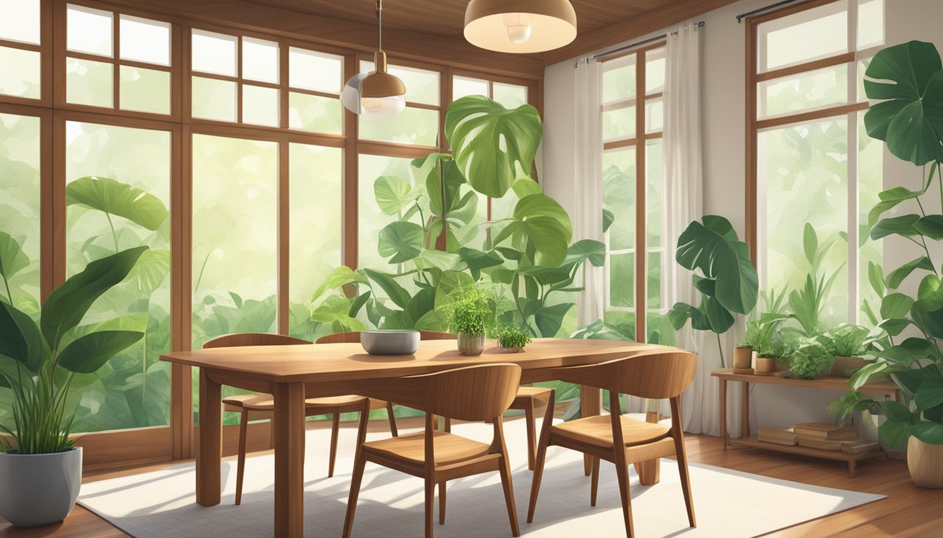 A well-lit room with a teak wood table and chairs, surrounded by lush green plants and bathed in warm, natural light